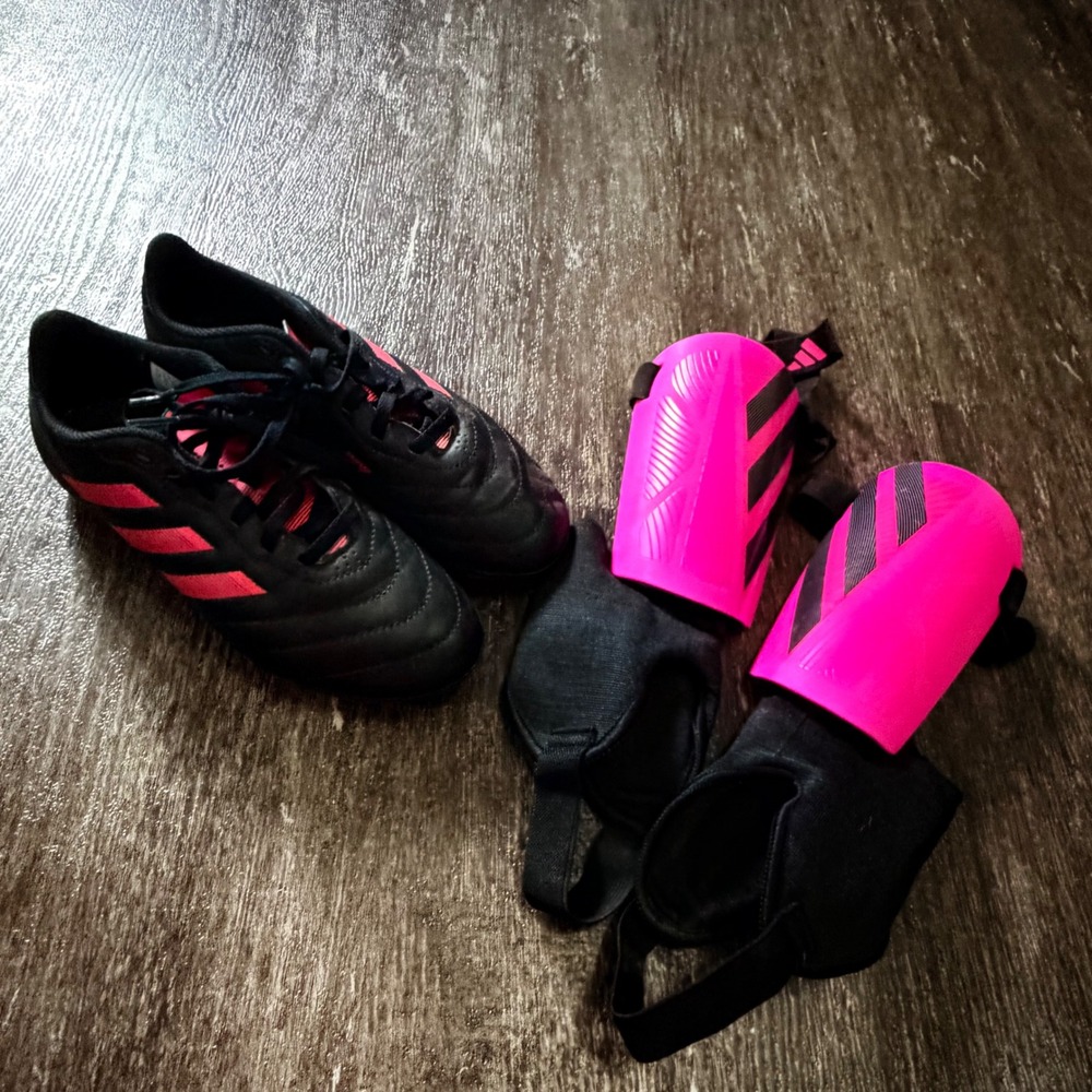 Adidas Soccer Cleats 3.5 and Shin Guards Girls Black Pink Set